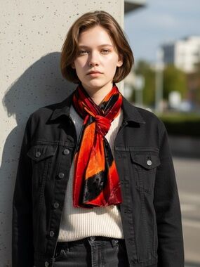 Saipet Burnout Velvet Scarf Sheer Silk Rayon Red Orange Black Flocked Polka Dot
